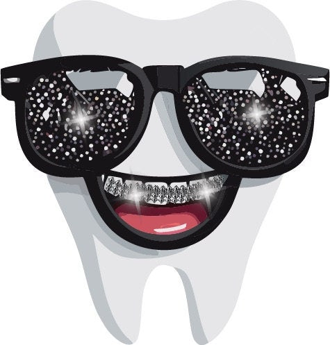 Tooth with black sunglasses and bling braces on a white background