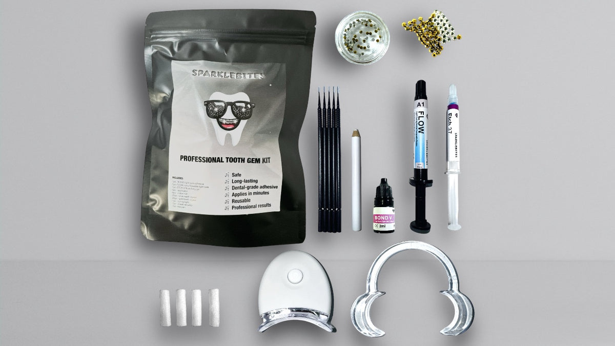 SparkleBites Professional Tooth Gem Kit with included tools and materials